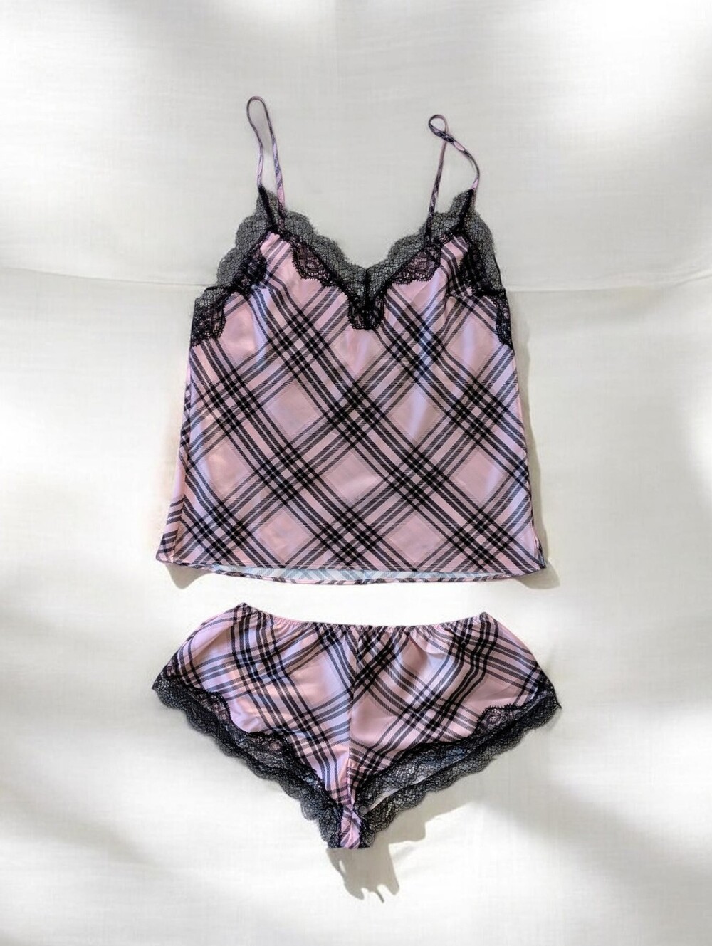 Victoria's Secret Satin Pink Plaid Lace-Trim Cami & Shorts Sleep Set